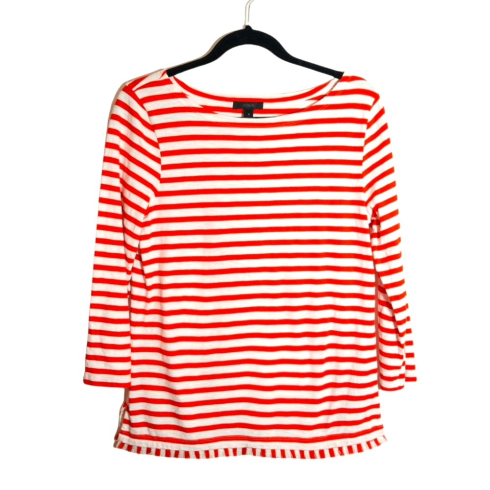 J. Crew. Red and white striped long sleeved blouse with fringed detail along hem